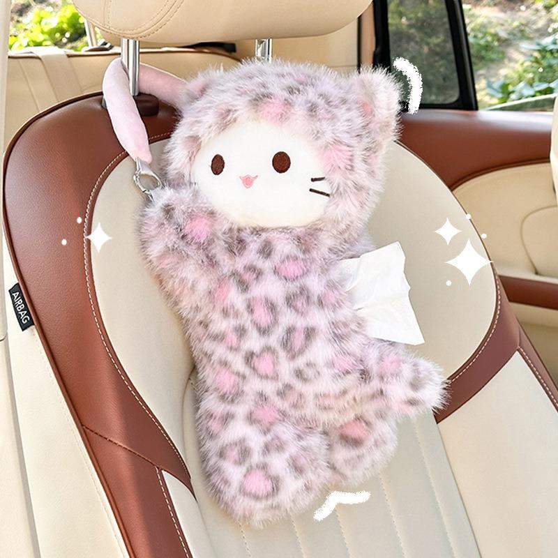Leopard Print Cat Plush Hanging Car Tissue Box Cute Car Tissue Holder