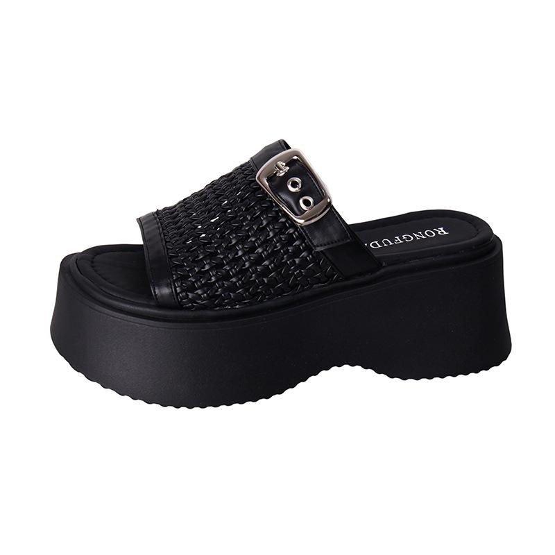 

Тапочки на толстой подошве, увеличивающие рост. Женские летние плетеные туфли. Обувь на одну ногу. Пляжные шлепанцы с одной линией. 40 чёрный