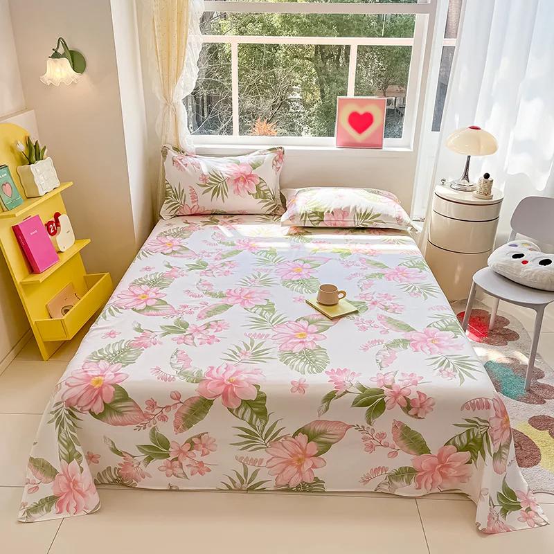 Botanical Floral Flat Sheet Twin Queen Garden Flower Bed Sheet Set Soft Cotton Pastoral Wildflowers Bed Cover with 2 Pillowcases