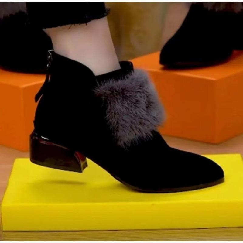 Elegant Women's Boots Ankle Flock 2026 New Autumn/Winter Fashion Frusted Short Plush Cotton Shoes Square Heel Women Shoes