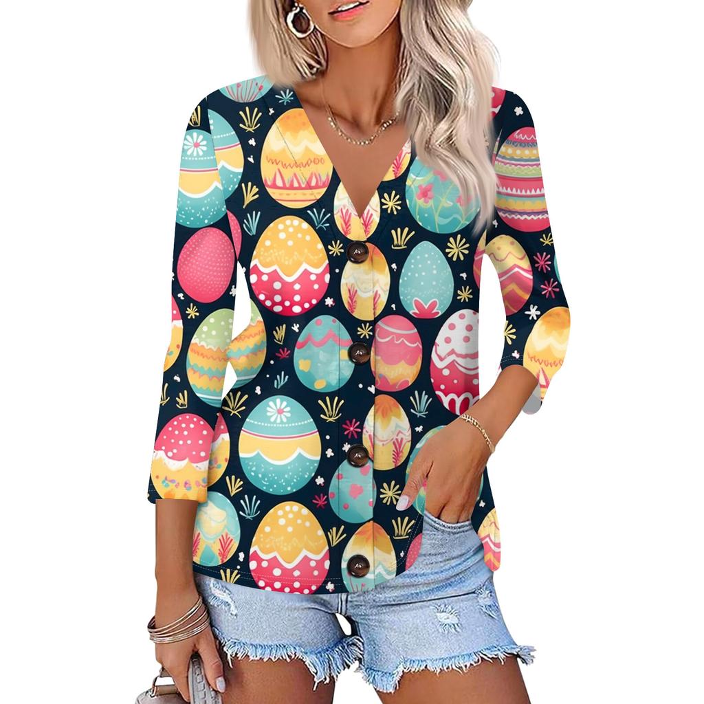 Women's Fashion Casual Print Button-down Shirt 3/4  Sleeve Tops