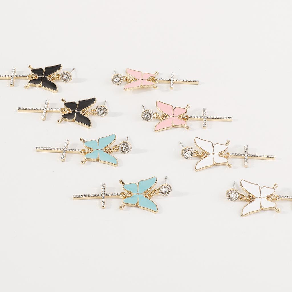 Sparkling Butterfly Drop Earrings with Tassels and Rhinestones