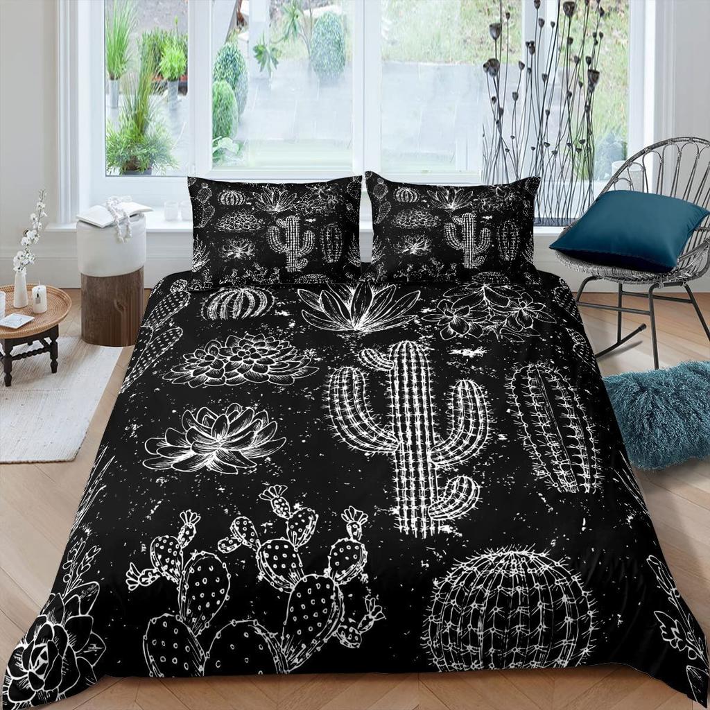 Succulents Bedding Set, Exotic Flower Duvet Cover Twin Size For Kids Boys Girls, Branches Leaf Floral Polyester Comforter Cover