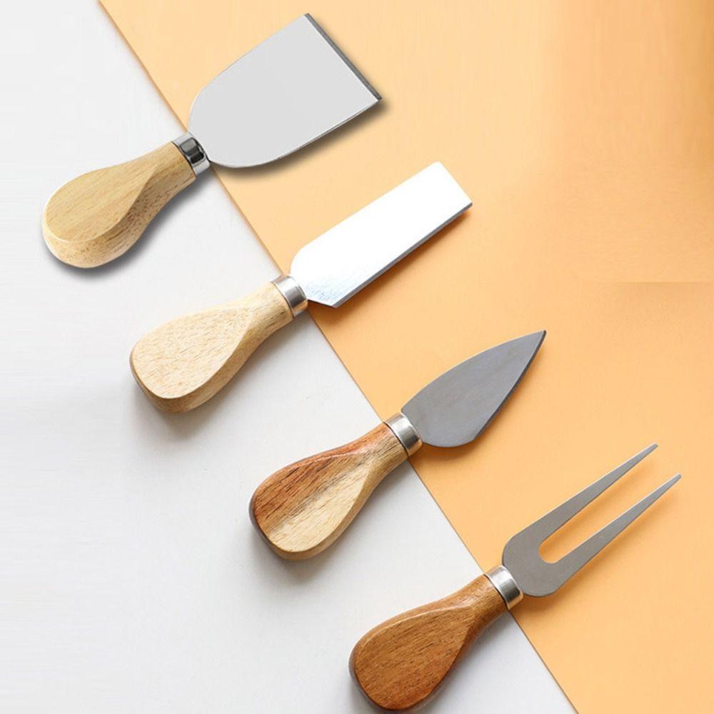 

4 Pcs Stainless Steel Bamboo Cheese Cutter Oak Cheese Board Knife Useful Pizza