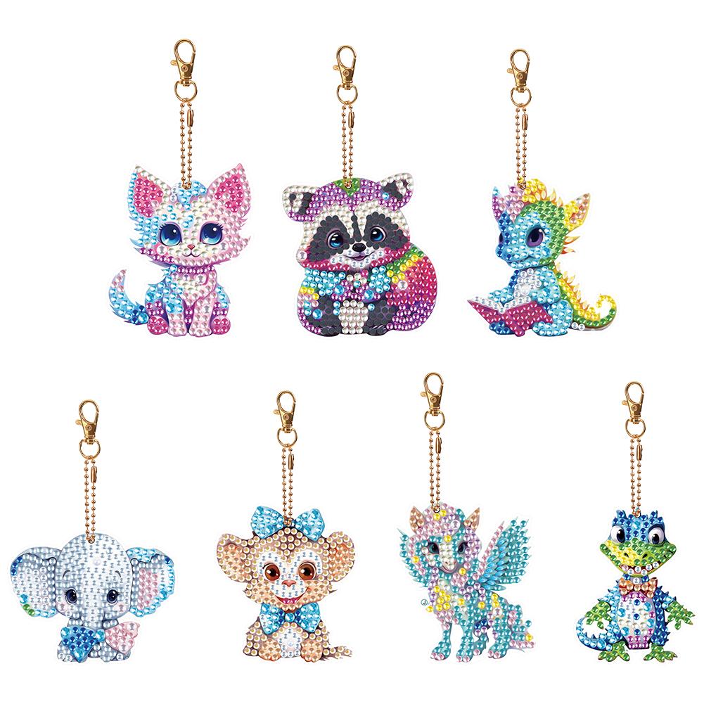 5/6/7PCS Rhinestone Painting Keychain Pendant Diamond Art Keyring Rose Grey Dragon Cute Kitten Envelope Flowers Mandala