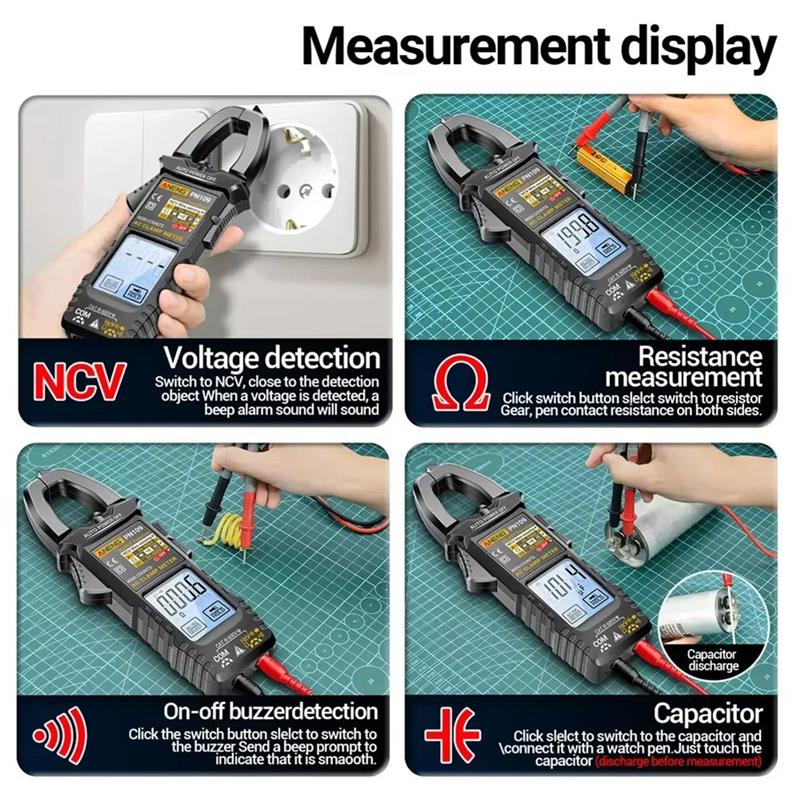 AB34- PN109 Smart Clamp Meter Digital Multimeter 4000 Counts 600A High Current Non-Contact Voltage Tester NCV Capacitance T
