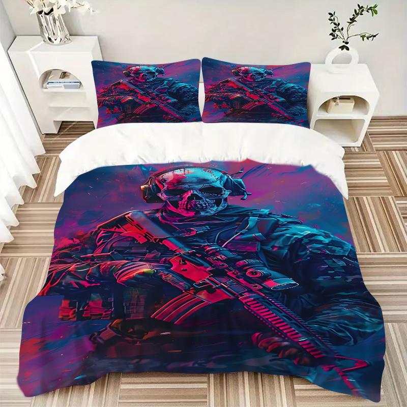 3pcs Skull Soldier Home Decor Bedding Set-Universal Three-Piece Suit for Bedroom, Guest Room, Living Room, Hotel-Perfect Gift for Fans, Trav