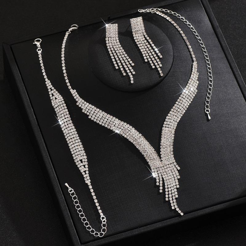 Elegantes Glitzerndes Fransen-Halsketten-, Ohrring-, Armband-, Ring-Set, Modisches Braut-Schmuckset