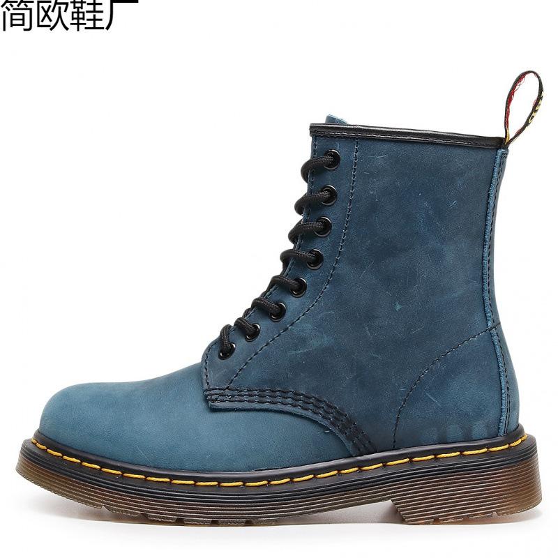 High Top Crazy Horse Blue Motorcycle Boots Women's Classic Retro Short Boots Men's and Women's Leather Boots
