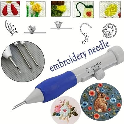 2PC Adjustable Magic Embroidery Pen Set with 3 Needles, Threader, Scissors, and Ergonomic Fabric Craft Design for DIY Sewing