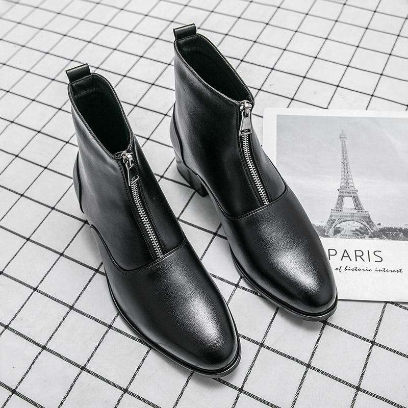 Fashion Designer Brand Men's Genuine Leather Shoes Fashion High Top Shoes Men's Short Boots Zipper Pointed Cotton Shoes New Boots