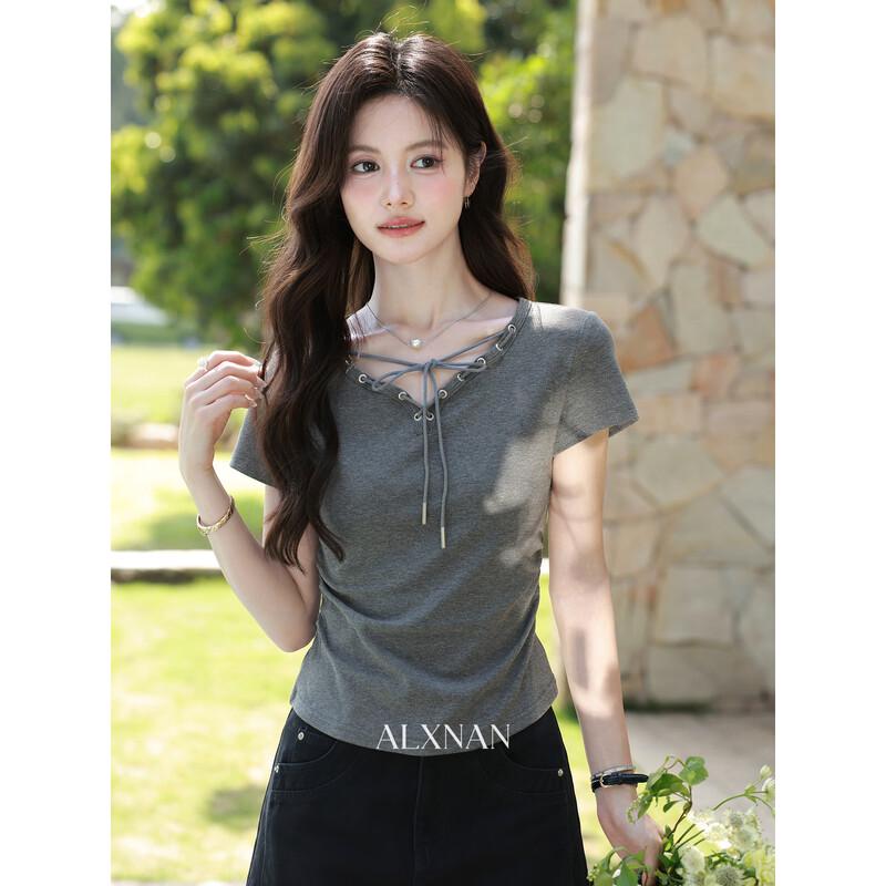 Women s Retro V-Neck Tie T-Shirt L