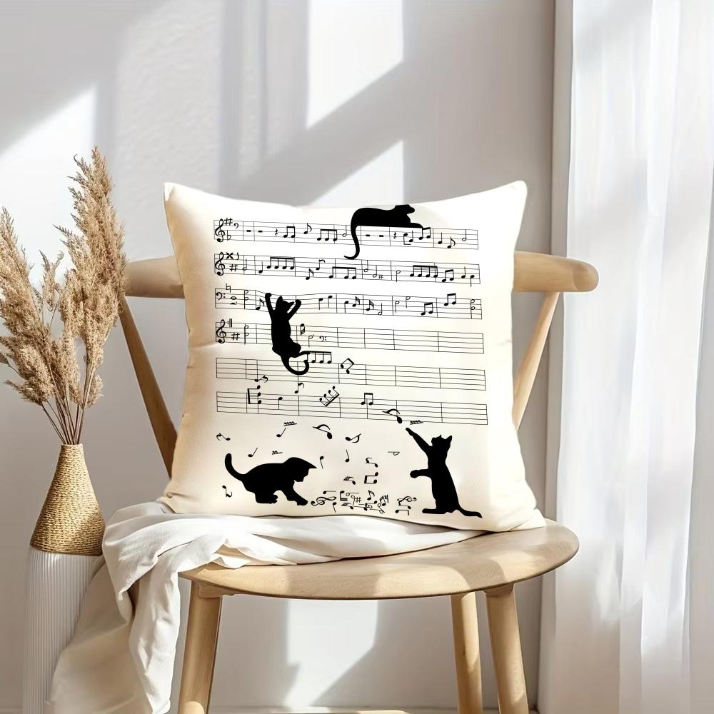 Music And Cat Cushion Cover Soft Plush Throw Pillow Cover | Double-Sided Decorative Cushion Case | Sofa Bedroom Home Decor
