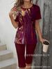 Gradual change/flower printing casual suit, round neck short sleeves + cropped pants for home and out