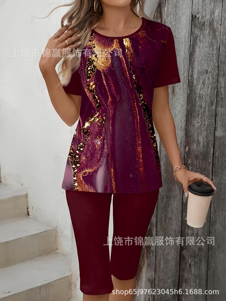 Gradual change/flower printing casual suit, round neck short sleeves + cropped pants for home and out