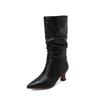 Fashion Trendy Women Pleated Blue Denim Jeans Boots Spike Heels Pointy Toe Knee-high Boots Shoes Autumn Winter Red Black White Pink