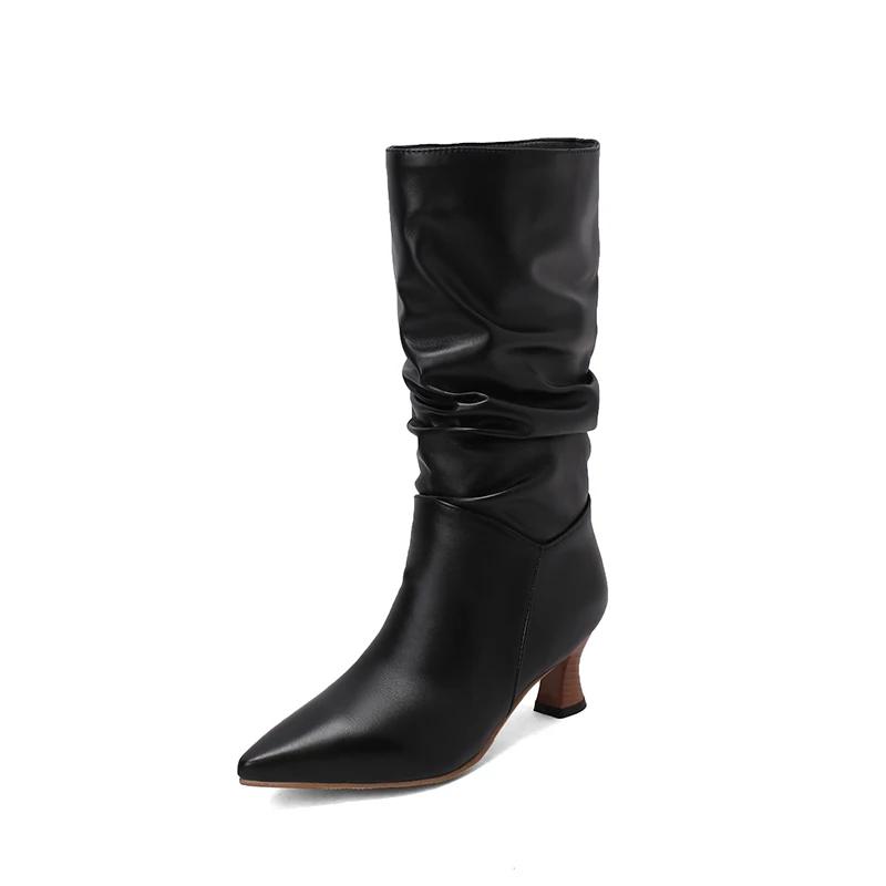 Fashion Trendy Women Pleated Blue Denim Jeans Boots Spike Heels Pointy Toe Knee-high Boots Shoes Autumn Winter Red Black White Pink