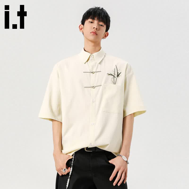 Men s New Chinese Style Embroidered Short-Sleeve Shirt XL
