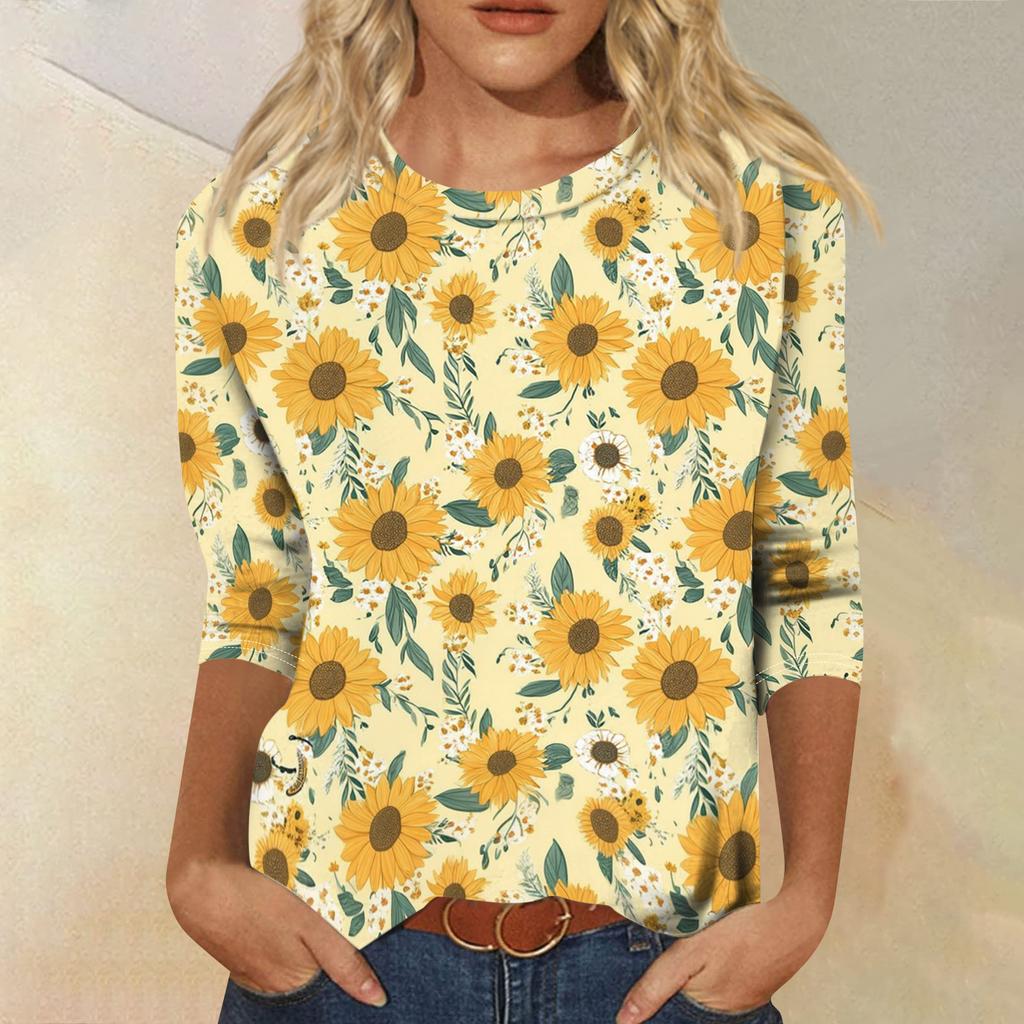 Women's Fashionable Casual Round Neck Three-Quarter Sleeve Printed T-Shirt Top
