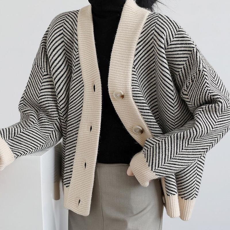 Chic Women's Korean Retro Striped Knit Cardigan - Lazy Style, Loose Fit, Versatile Outerwear for Autumn/Winter 2025.