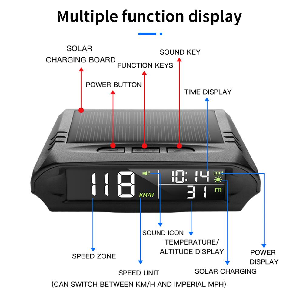 Solcelledrevet digitalt HUD-display for bil, GPS-head-up-display, automatisk speedometer, påminnelse om overhastighet og sliten kjøring, bilklokke, temperaturvisning