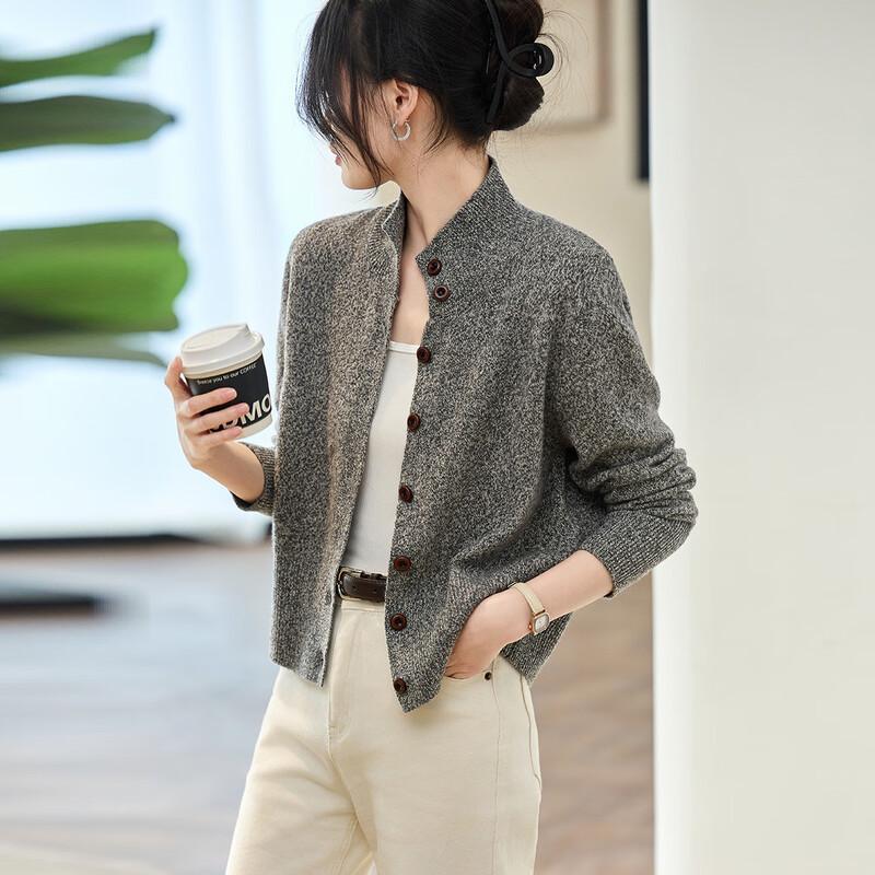 Srcr Women's 100% Wool Semi-High Collar Cardigan Sweater