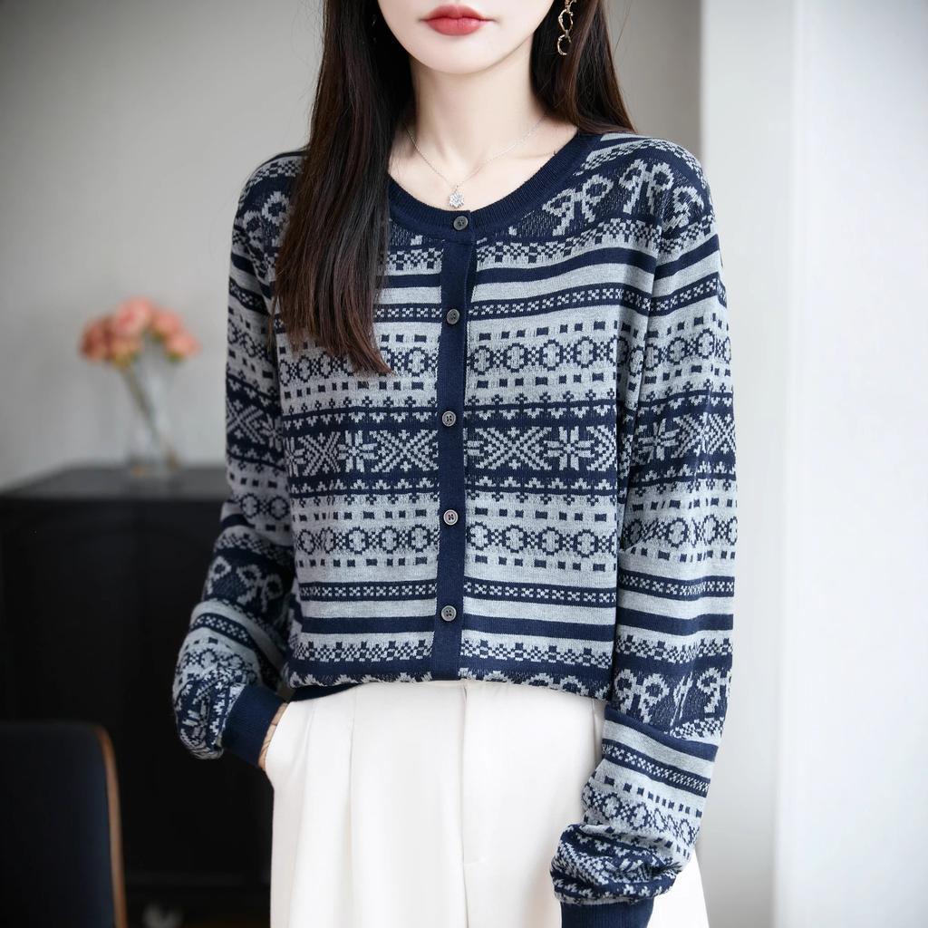 Gestrickte Strickjacke, Lässige Bluse mit Retro-Kleeblattmuster, Frühjahrs-Herbst-Mantel, Künstlerischer Damenpullover