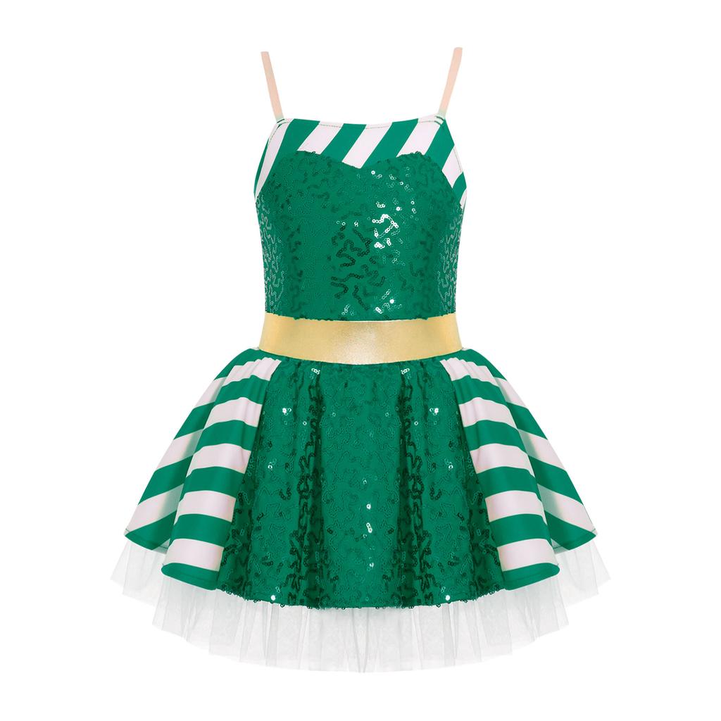 Girls Christmas Costume Striped Sequin Dress Adjustable Straps Skirt Jumpsuit Party Dress Up Outfit