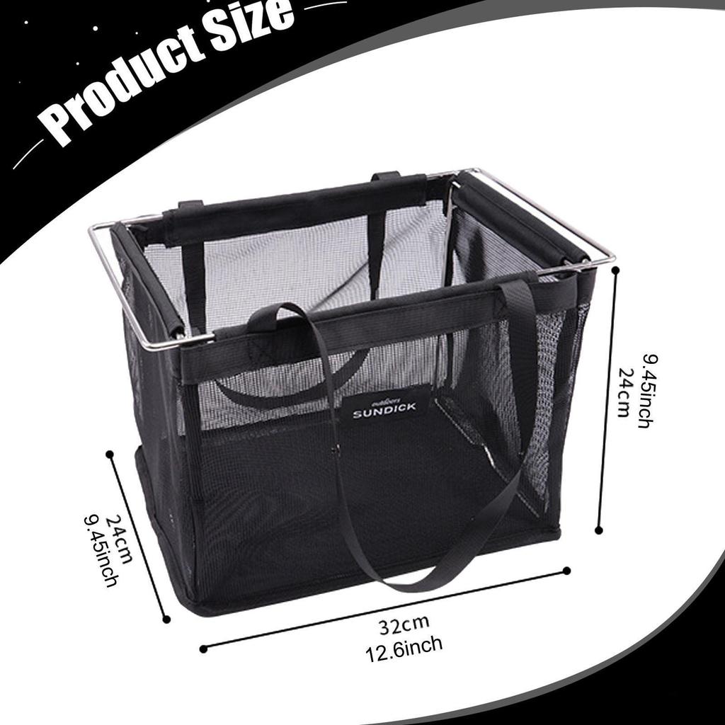 Saplı Fileli Piknik Sepeti Siyah Havalandırmalı Katlanabilir Yürüyüş İçin Bakkal Çantası