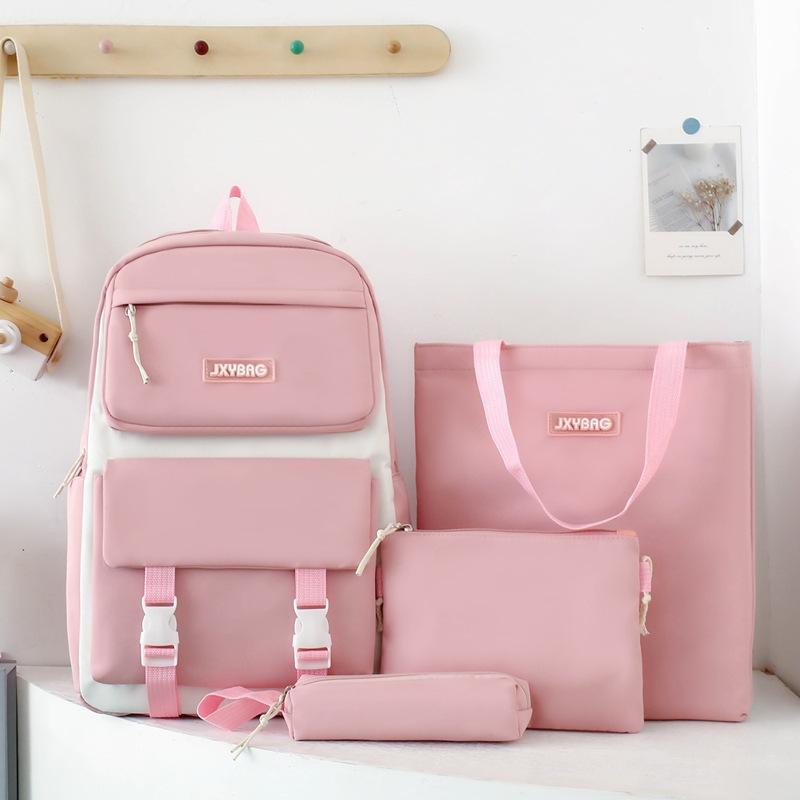Four-piece Girls Schoolbag Simple Large Capacity Solid Color Five Backpack Junior High School Student Backpack Women