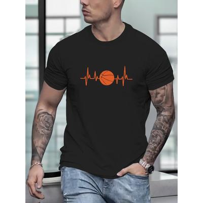 European Size Basketball Heartbeat Print Short Sleeve T-shirt, Men's Casual Comfy Versatile Tees For Summer Outdoor Gift