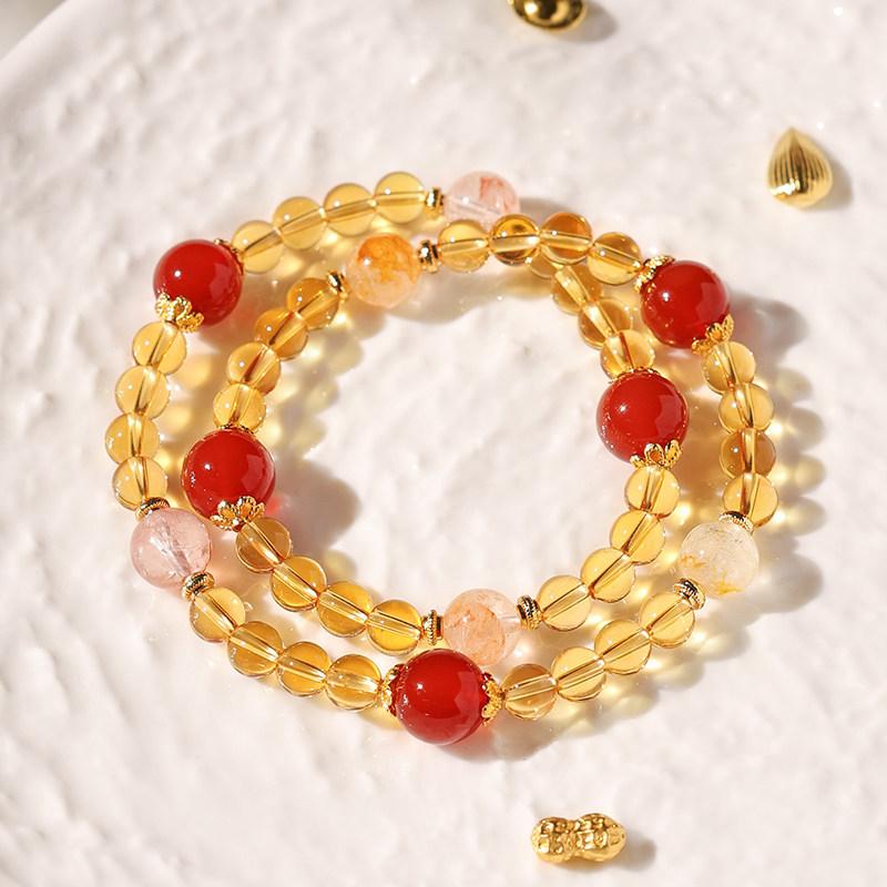 Lucky Yellow Crystal Double Circle Bracelet for Women, New Chinese Style Red Agate High-End Beaded Versatile Crystal Bracelet Jewelry