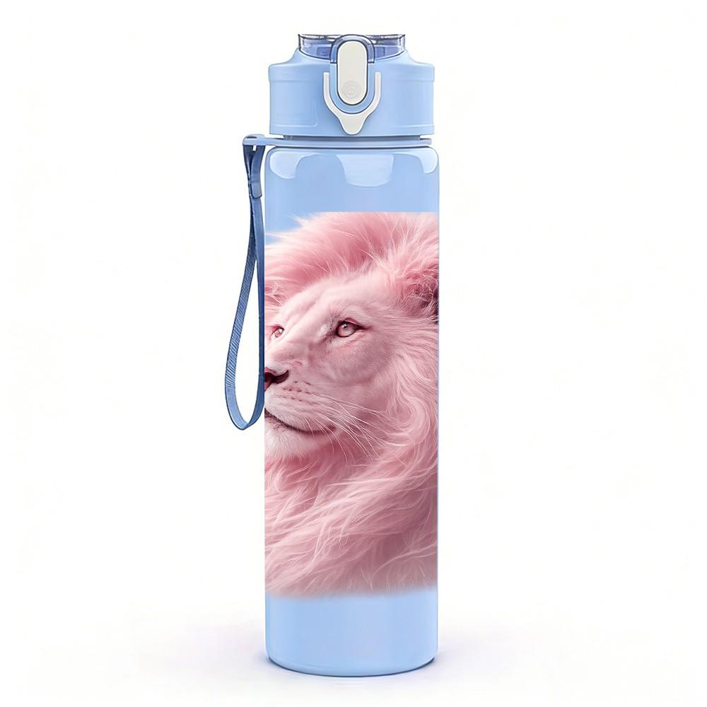 1PC Soft Fluffy Pink Lion Animal Print 750ml Color Plastic Sports Water Bottle Leakproof Flip Straw Lid Suitable for Sports Office Home Use