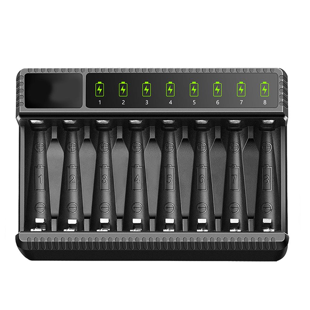 8 Bay AA AAA Battery Charger LCD USB C High-Speed Charging Independent Slot for NiMH NiCD Rechargeable Batteries