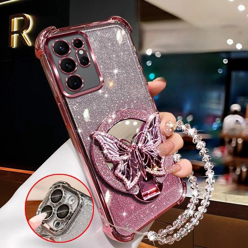 Glitter Butterfly Mirror Crystal Bracelet Case for Samsung Galaxy Note 20 Ultra 10 Plus Shockproof painting Cover