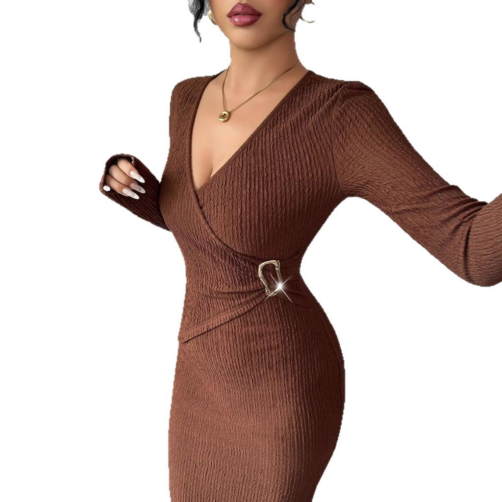 Cross Neck Knit Texture Solid Color Slim Fit Flattering Dress Women Winter Mature Style French Retro Patchwork Slim Sexy Elegant Women Maxi Dress