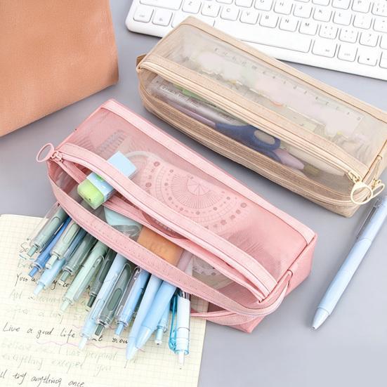 Pencil Case Double-Layer Large Capacity Transparent Mesh Students Exams Stationery Organizer Break-resistant Pencil Bag