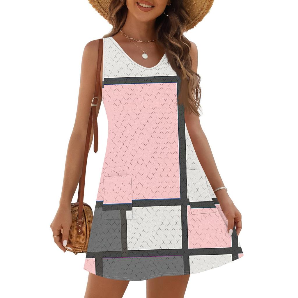Women's Fashion Casual Summer Cupless Bag V-neck Vintage Color Block Stitching Print Dress Beach Sundress