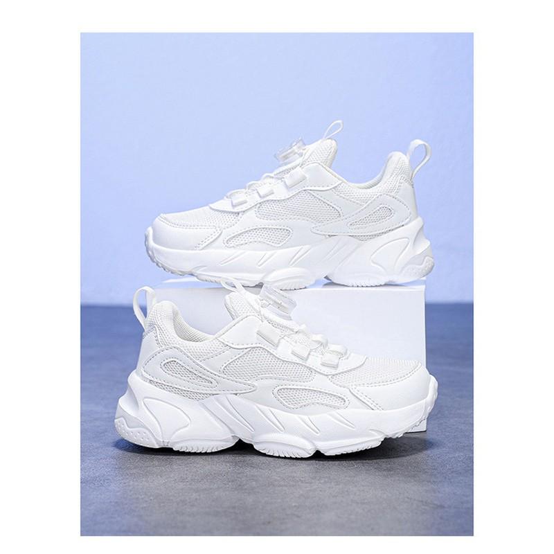 Kids White Mesh Running Shoes With Rotating Buckle Breathable Lightweight Sneakers Boys Girls Daily Wear