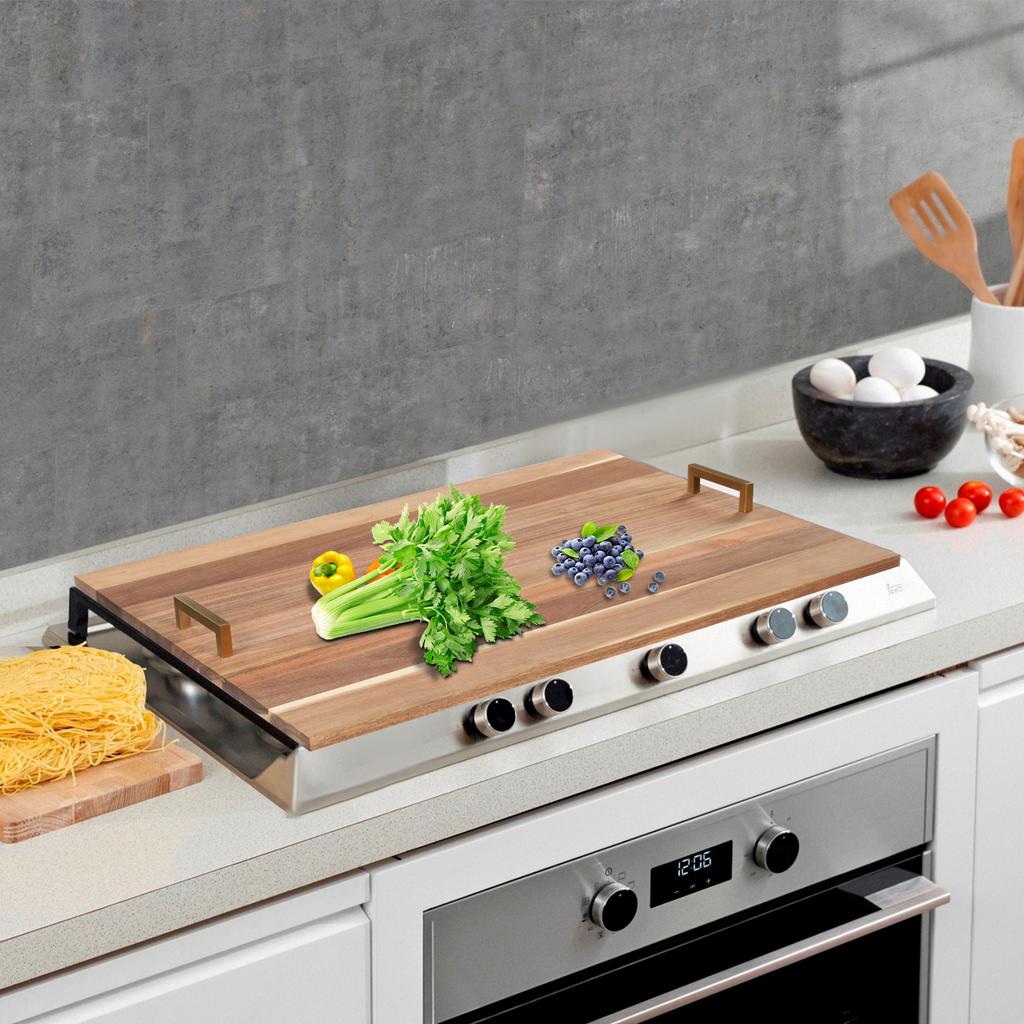 Acacia Wood Stove Top Cover W/ Gold Handles, Modern Rectangular Kitchen Countertop Protector - Max Load 20kg/44lbs, 29x21x0.5 In