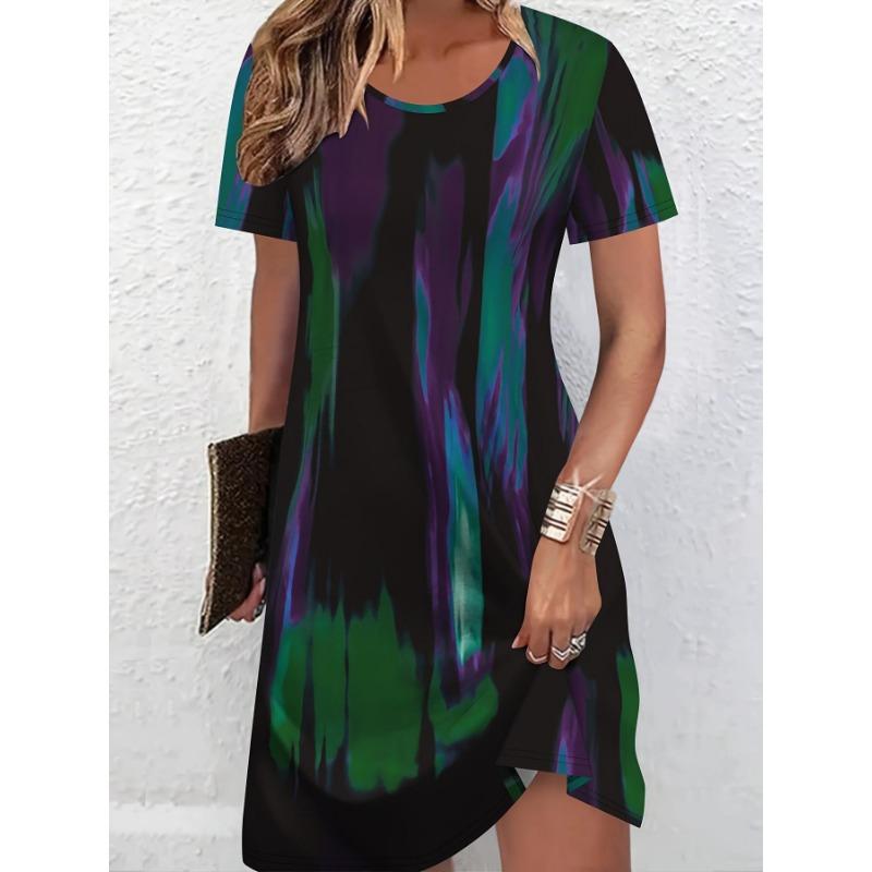 Women's Summer Short-Sleeve Minimalist Color-Blocked Dress—Loose-Fitting Breathable Fashionable Casual Beach Dress