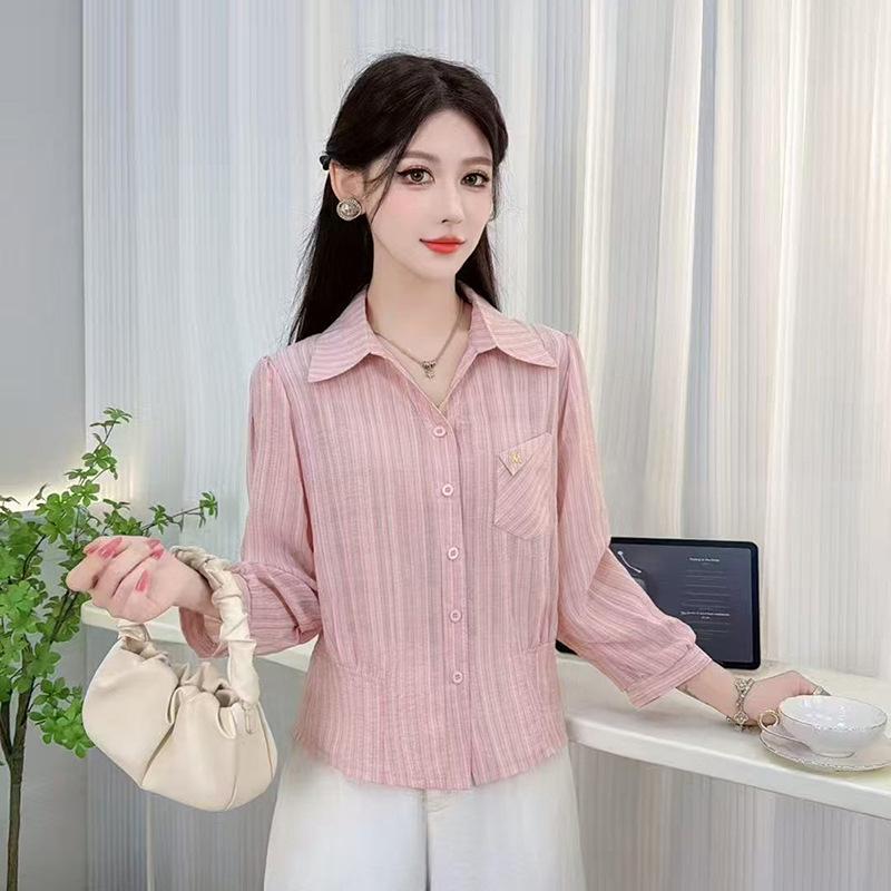 

2026 Summer Striped Lapel Blouse - Mid-Aged Women s Seven-Sleeve Casual Shirt 4XL (130-140 Jin)
