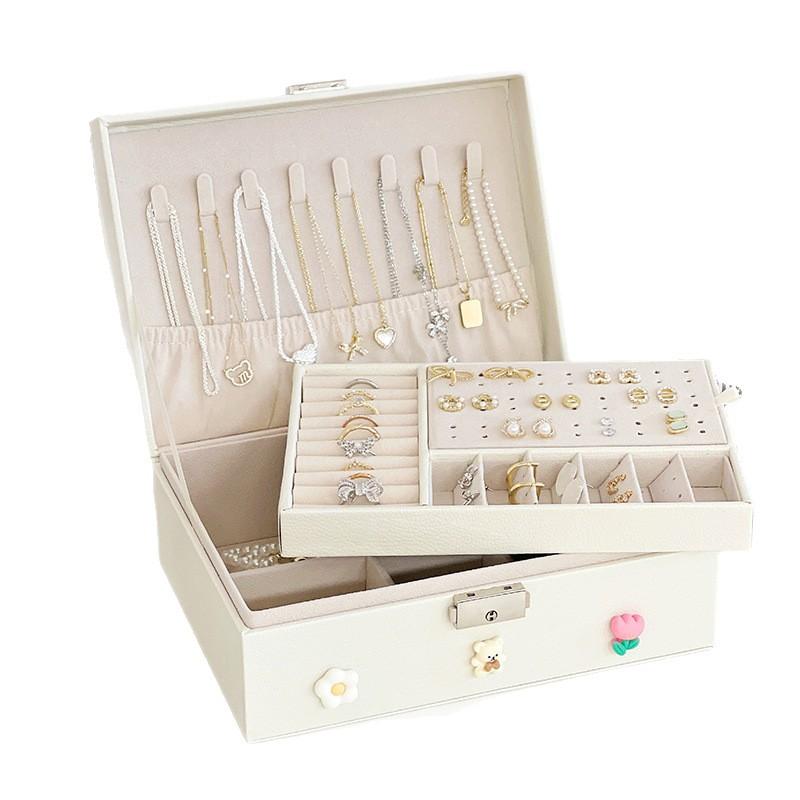 High-end Leather Double-layer Jewelry Box Necklace Ring Jewelry Stud Earrings Display Jewelry Storage Box with Lock