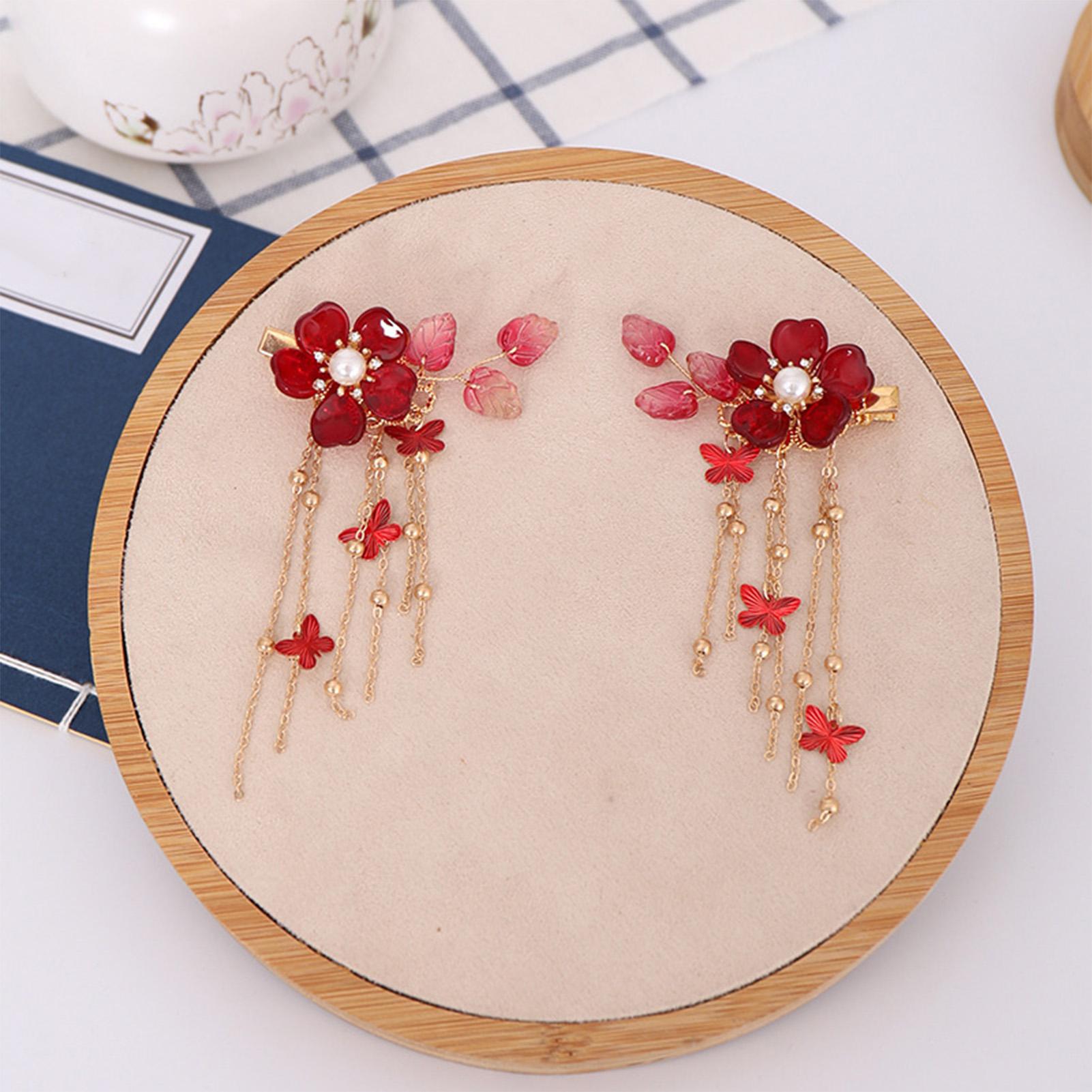

Vintage Crystal Butterfly Hair Clips with Tassels Red Flower Hairpins for Women Wedding Bridal Party Accessories Gifts 1 Pair