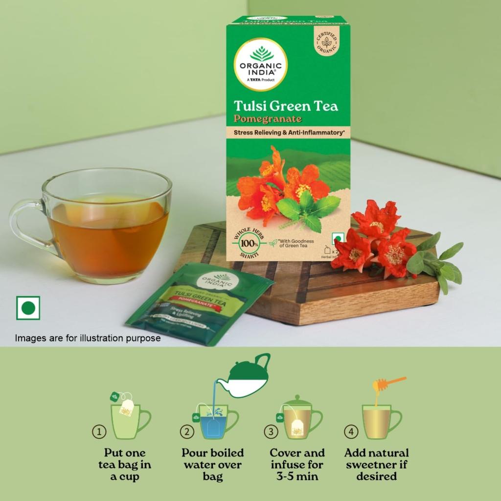 ORGANIC INDIA Tulsi Green Tea Pomegranate - 25 Tea Bags, Certified Organic, Stress Relief, Antioxidant-Rich Herbal Infusion
