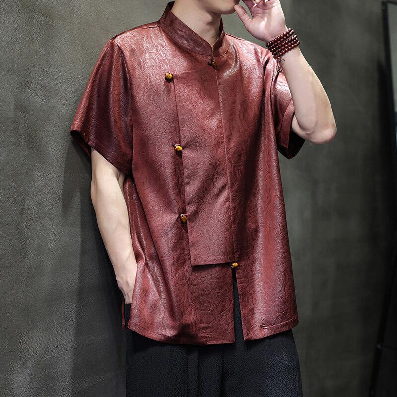 2025 Men Chinese Style Shirts Men Cross Collar Design Solid Simple Shirts Casual Streetwear Male Short Sleeved Blouse