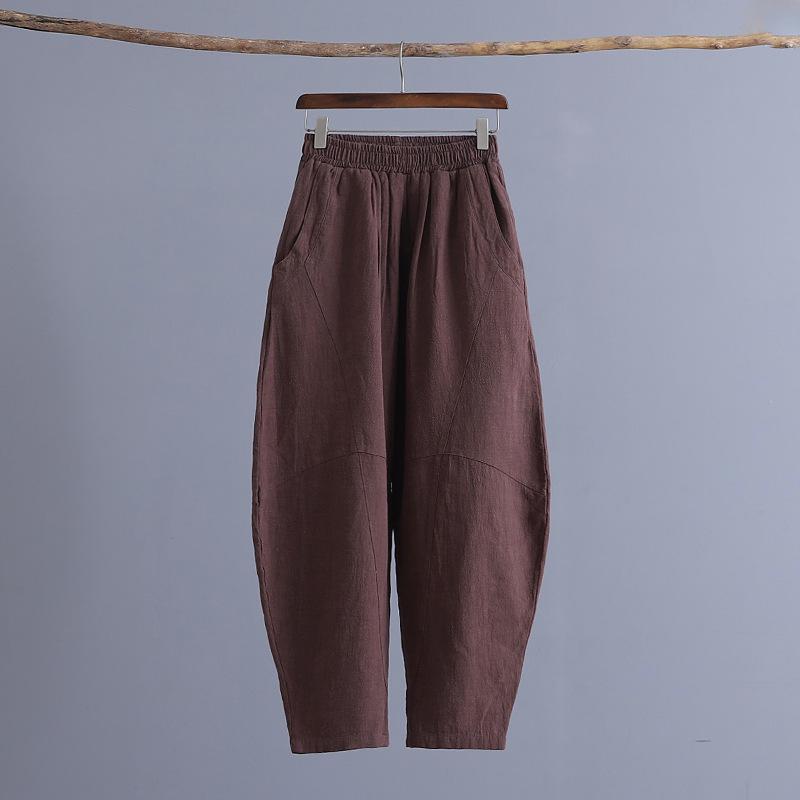 2025 Podzim Dámské Nadměrné Velikosti Retro Lněné Kalhoty na Jógu - Sešívané, Jednobarevné, Styl Zenové Meditace