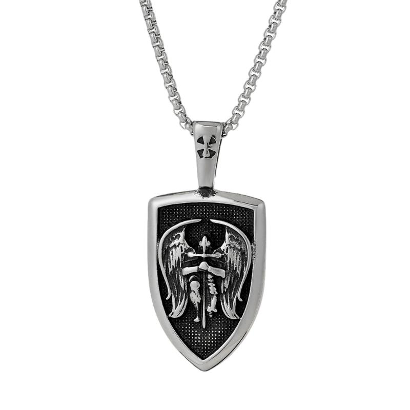 Punk Rock Style Pendant Necklace Sturdy Stainless Steel Angel Shield Pendant Necklace Stylish Neckchain Jewelry 1