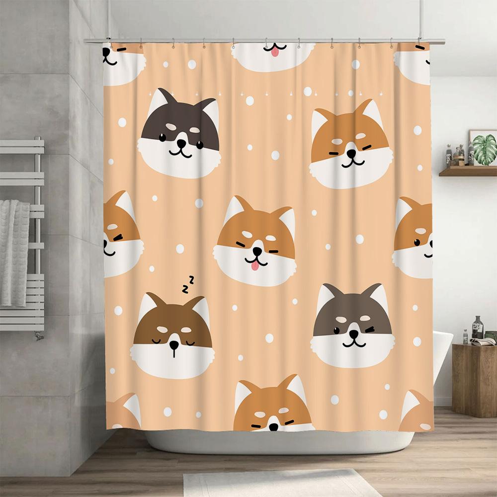 Adorable Shiba Inu Print Shower Curtain Peach White Polka Dot Bathroom Decor For Kids Bathrooms Size: 72X72 Inch (180 X 180 Cm)