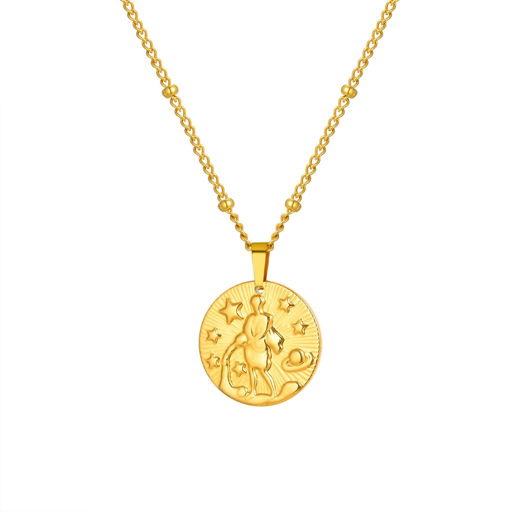 Stainless Steel Button Chain Bead Chain Twelve Constellations Alloy Relief Round Card Design Sense Necklace Nc-1966
